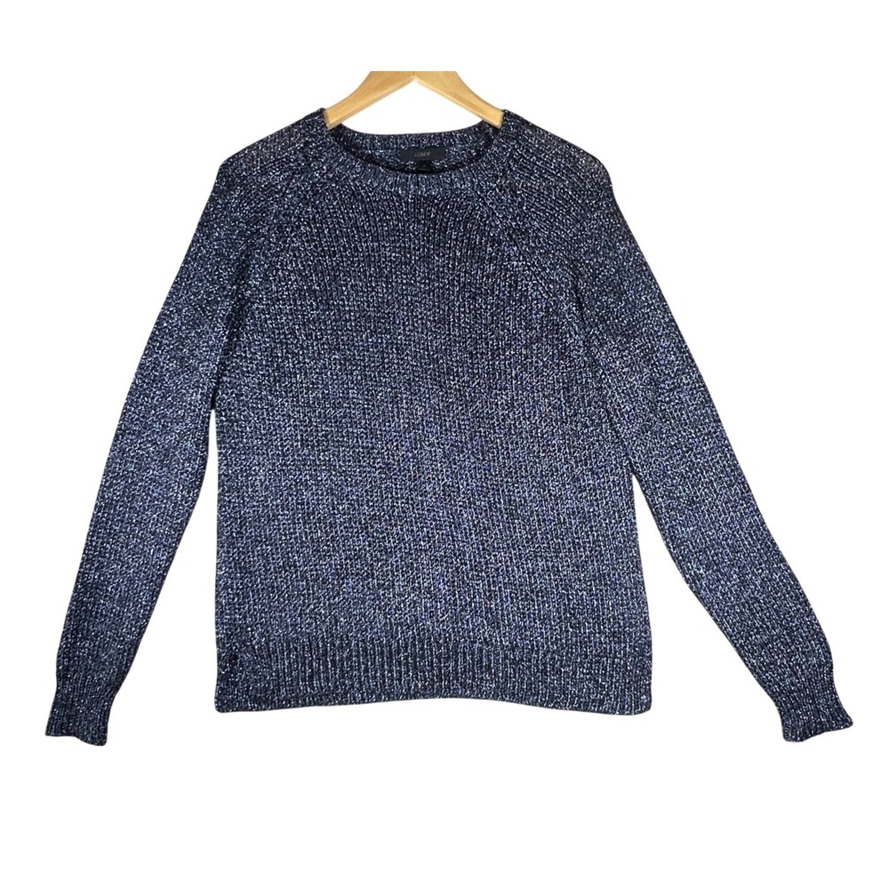 J.Crew Womens Medium Navy Silver Metallic Knit Raglan Sleeve Pullover Sweater